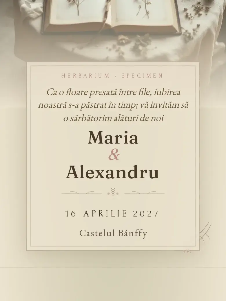 Invitație nuntă digitală model Herbar cu RSVP