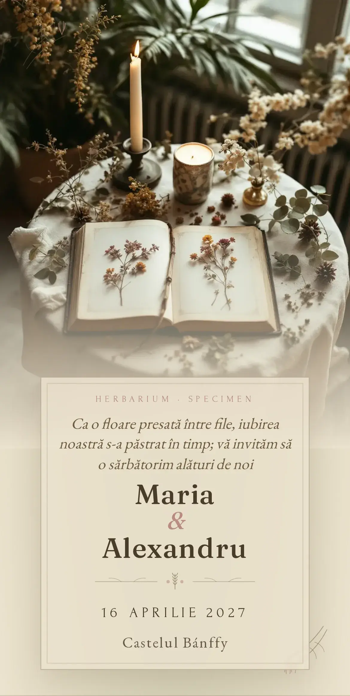 Invitație digitală de nuntă în stil herbar cu flori presate și botanică vintage