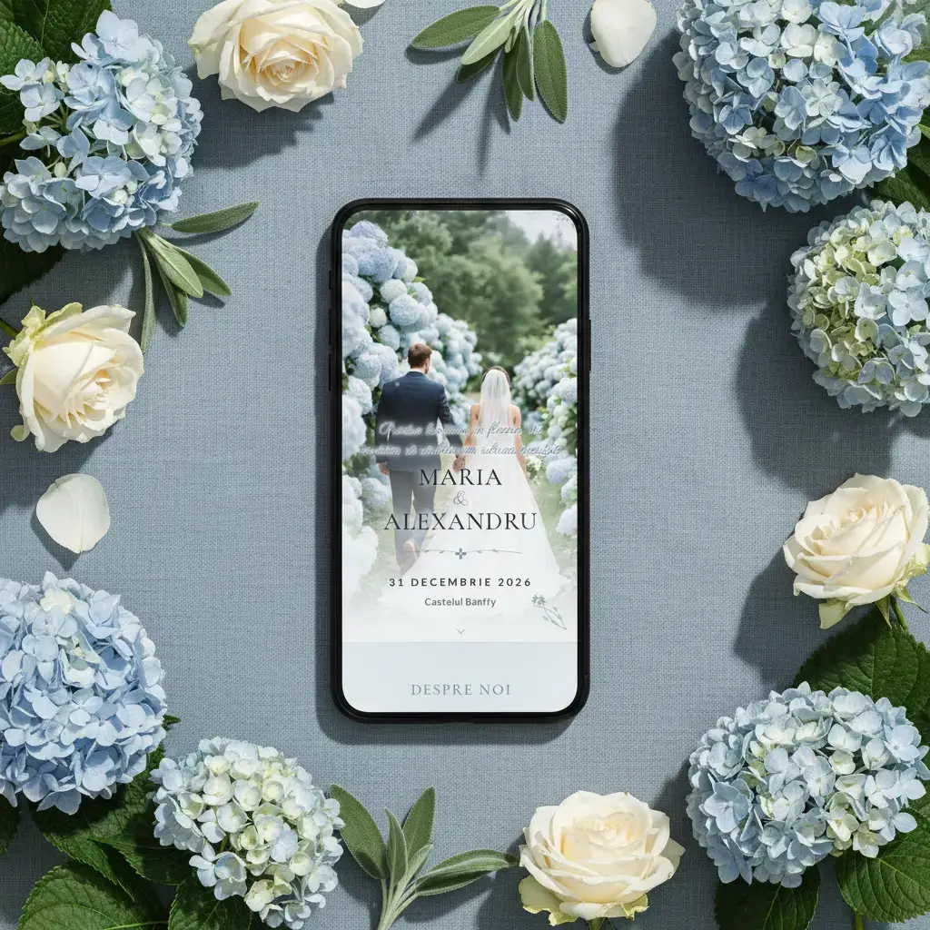 Invitație nuntă digitală model Hortensia cu RSVP