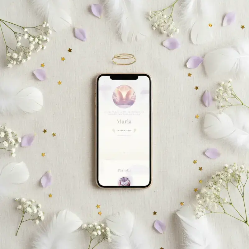 Invitație botez digitală model Îngerașul cu RSVP