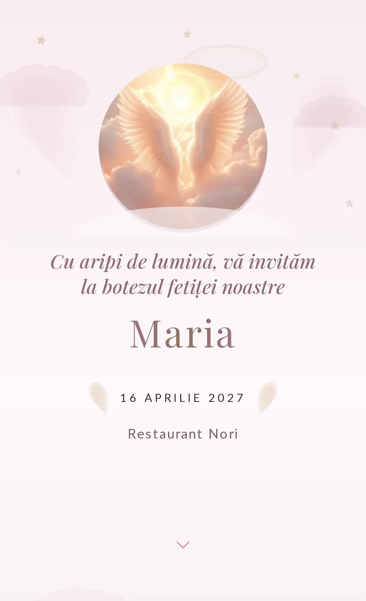 Invitație digitală de botez cu un îngeraș păzitor în nuanțe blânde