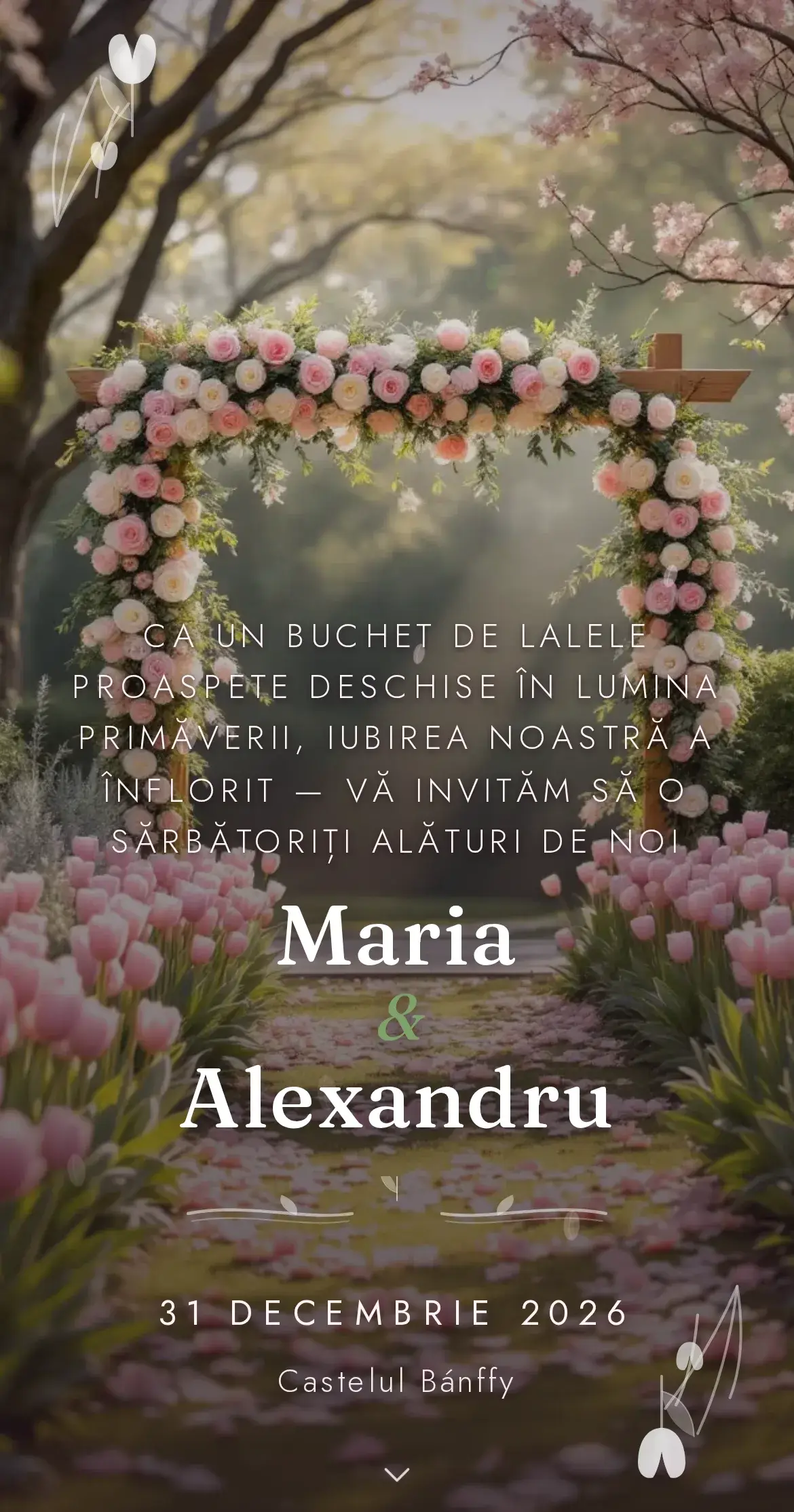 Invitație digitală de nuntă cu lalele roz proaspete și o arcadă florală într-o grădină de primăvară