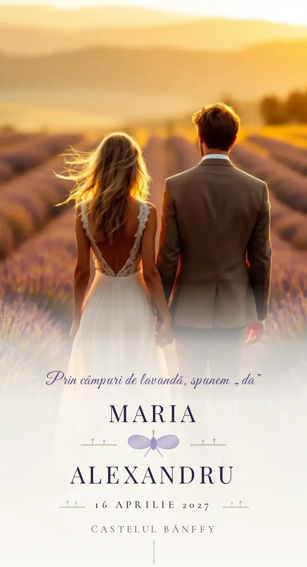 Invitație digitală de nuntă cu lavandă în nuanțe mov de Provence