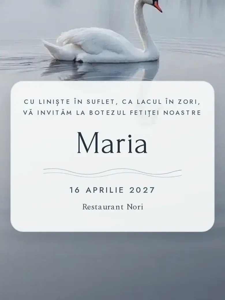 Invitație botez digitală model Lebădă cu RSVP