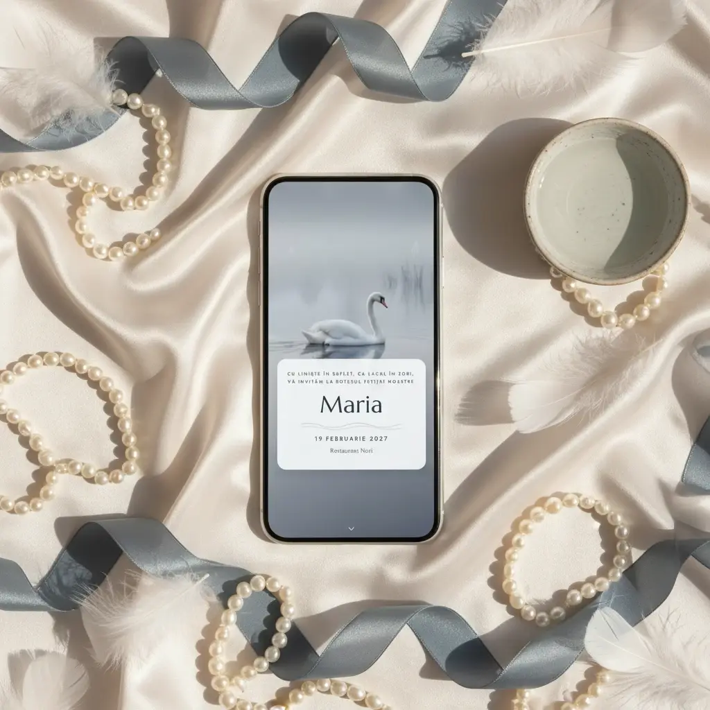 Invitație botez digitală model Lebădă cu RSVP