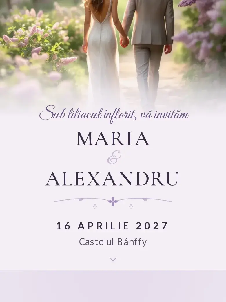 Invitație nuntă digitală model Liliac cu RSVP