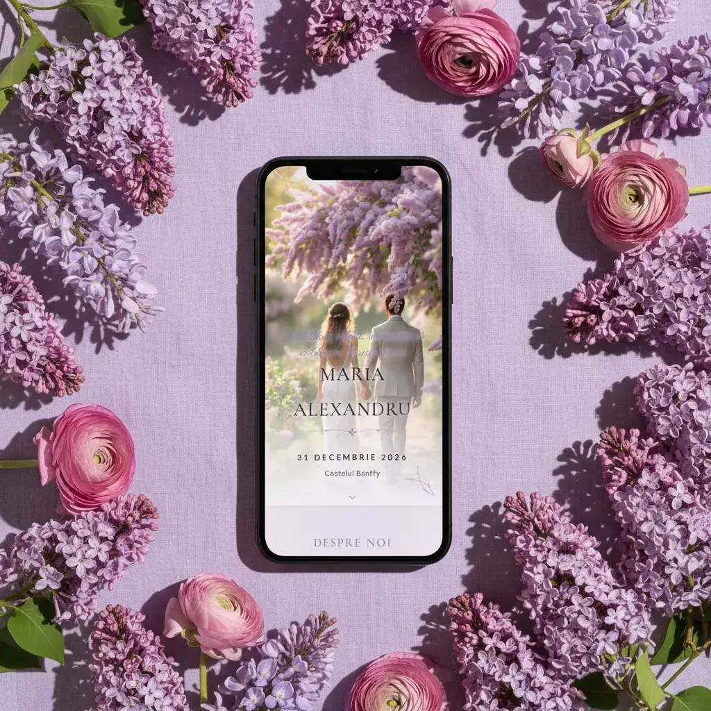 Invitație nuntă digitală model Liliac cu RSVP