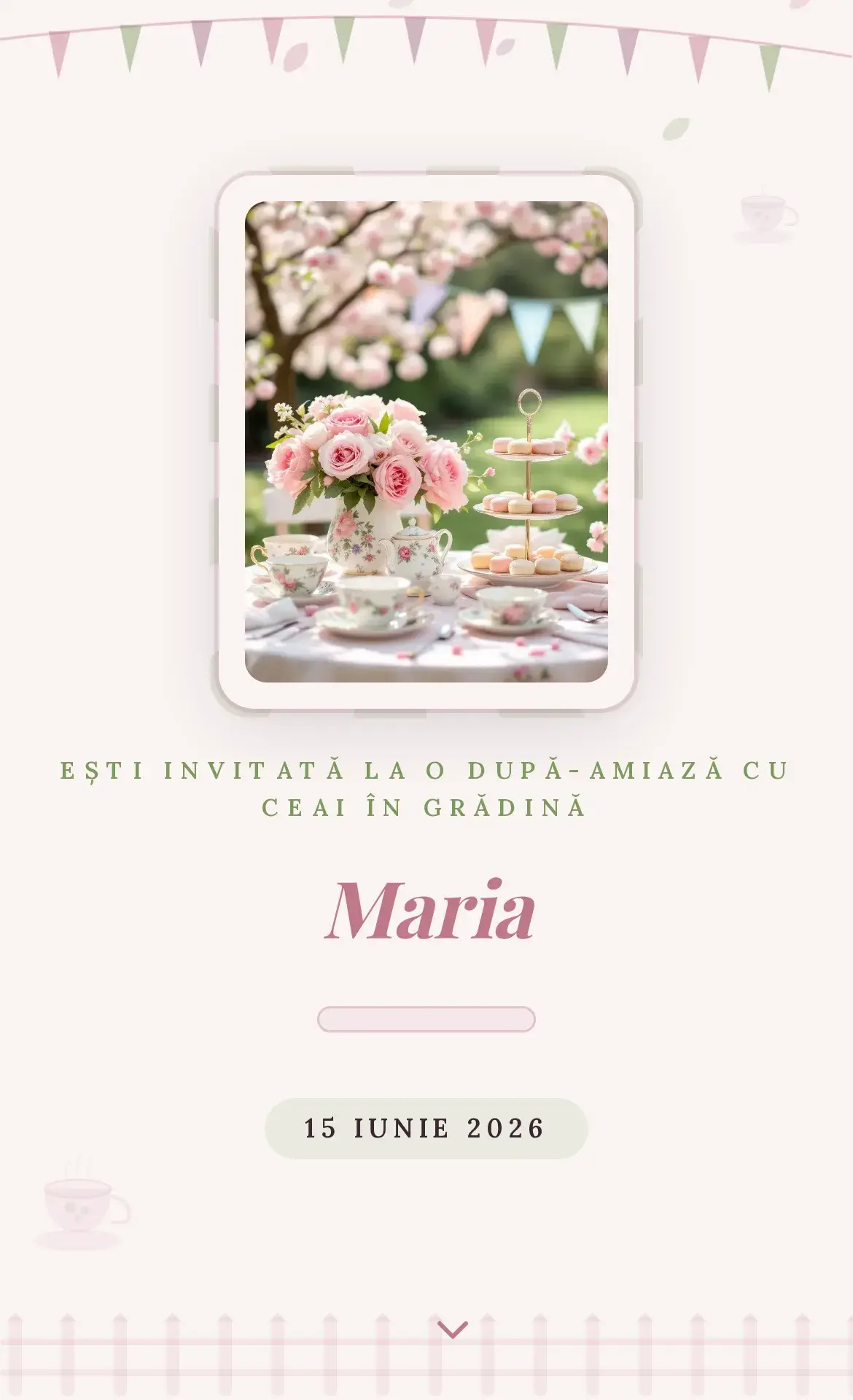 Invitație digitală de aniversare cu o livadă înflorită în nuanțe de roz