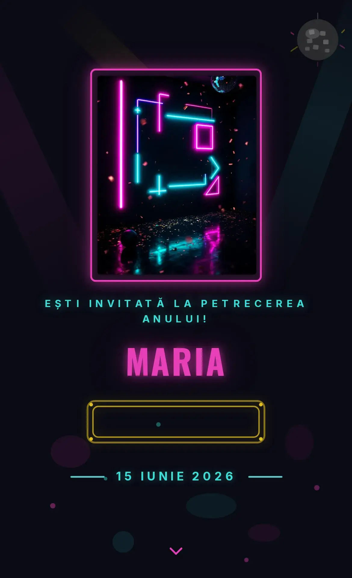 Invitație digitală de aniversare cu energie de club și lumini festive