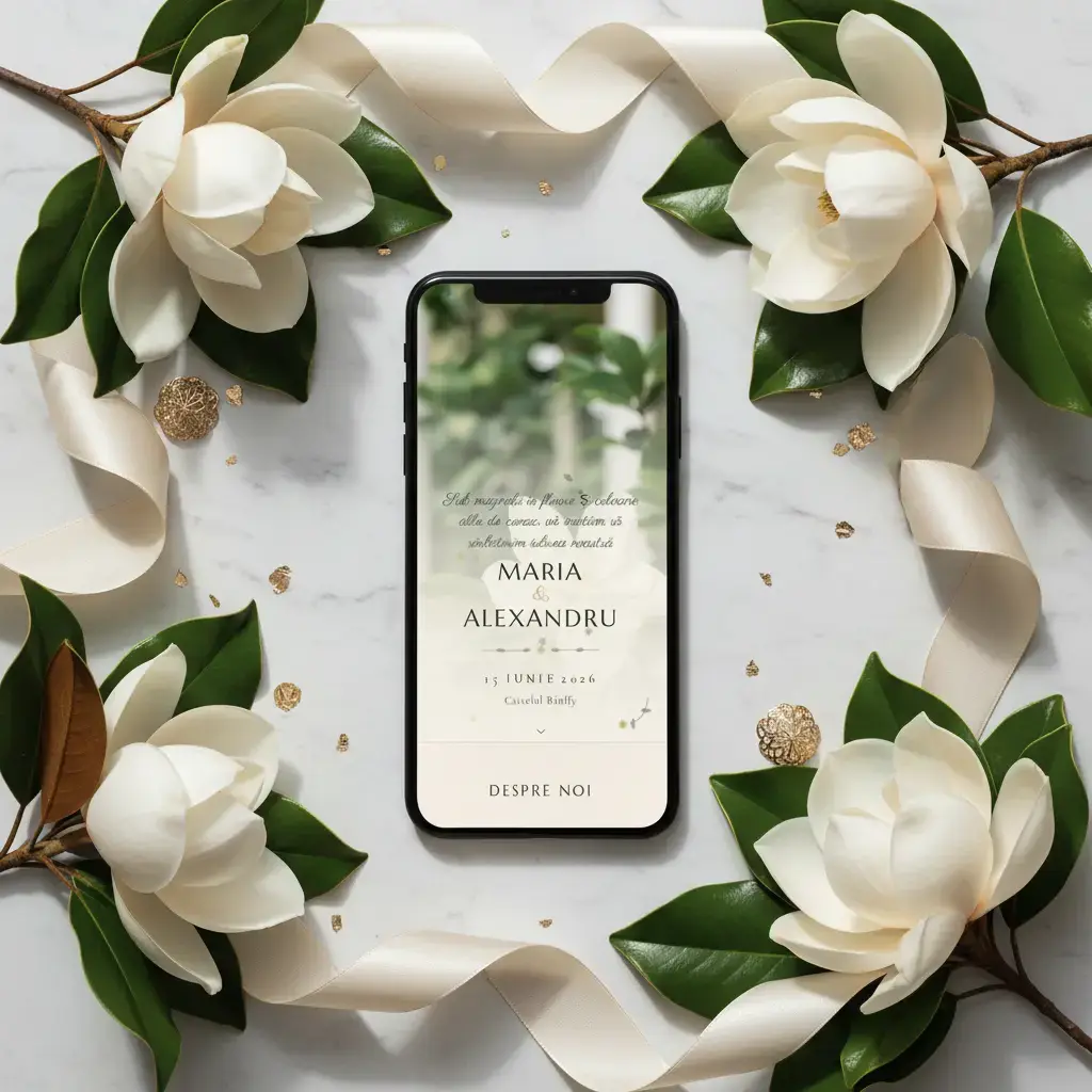Invitație nuntă digitală model Magnolie cu RSVP