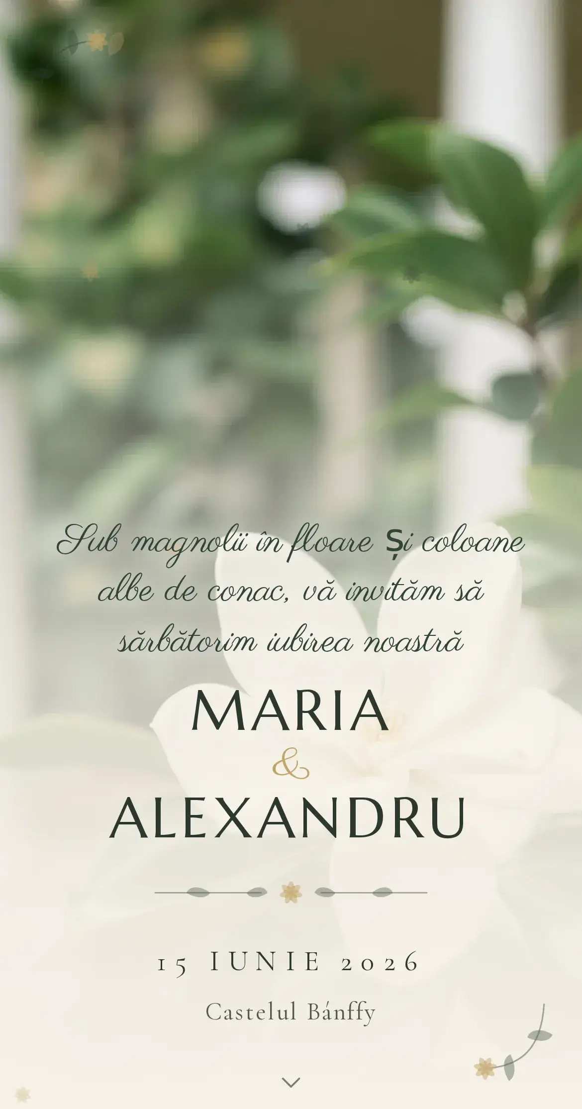 Invitație digitală de nuntă cu o magnolie albă în floare și frunze verzi lucioase pe fundal de conac
