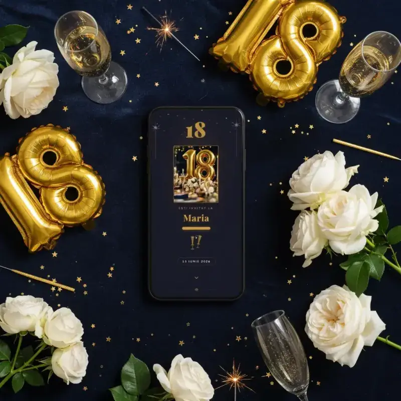 Invitație aniversare digitală model Majorat cu RSVP
