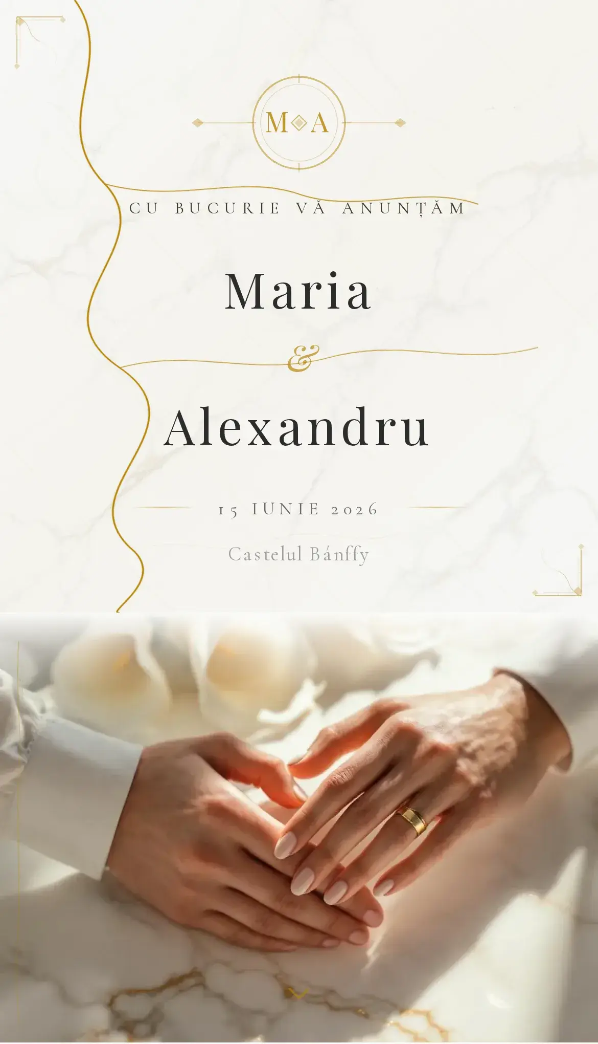 Invitație digitală de nuntă cu textură de marmură Carrara albă