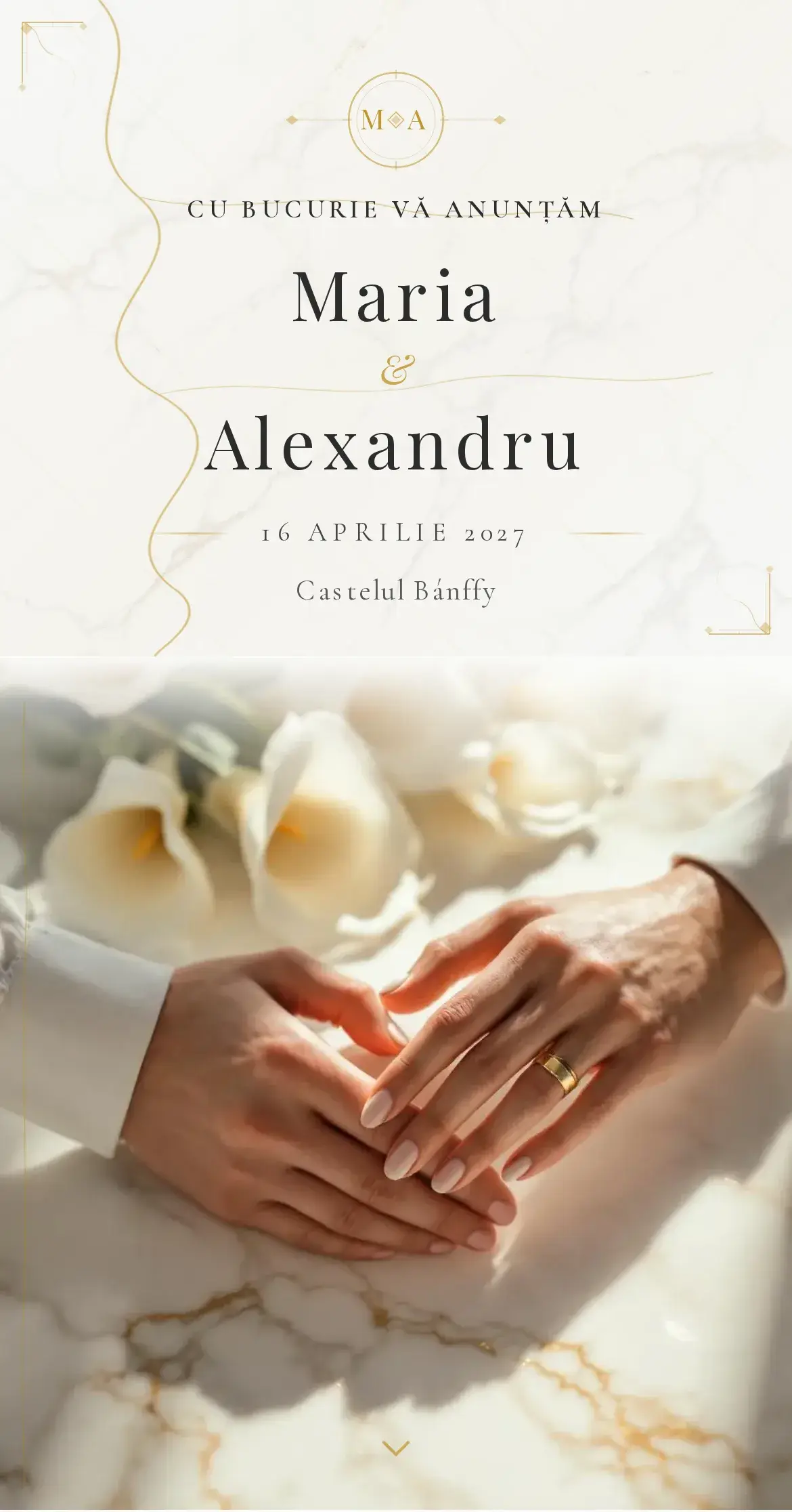 Invitație digitală de nuntă cu textură de marmură Carrara albă