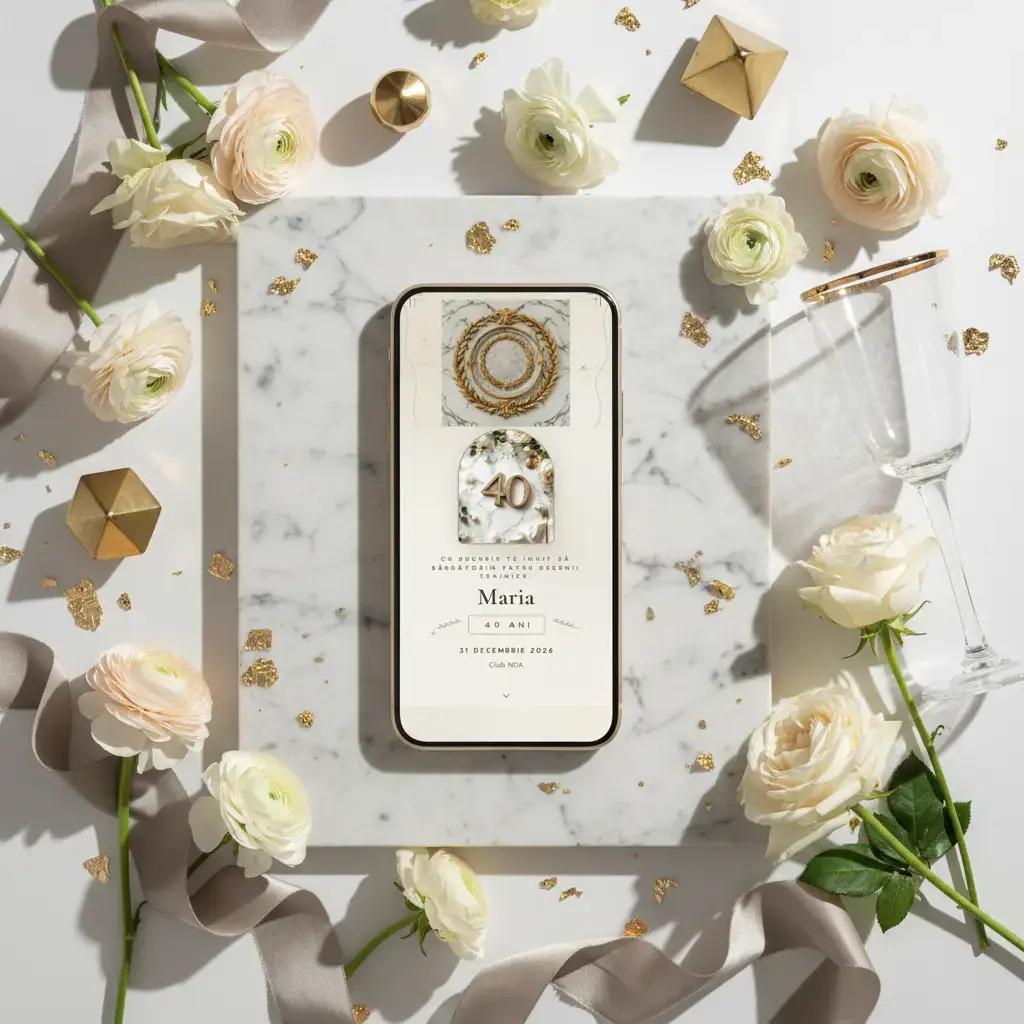 Invitație aniversare digitală model Marmură cu RSVP