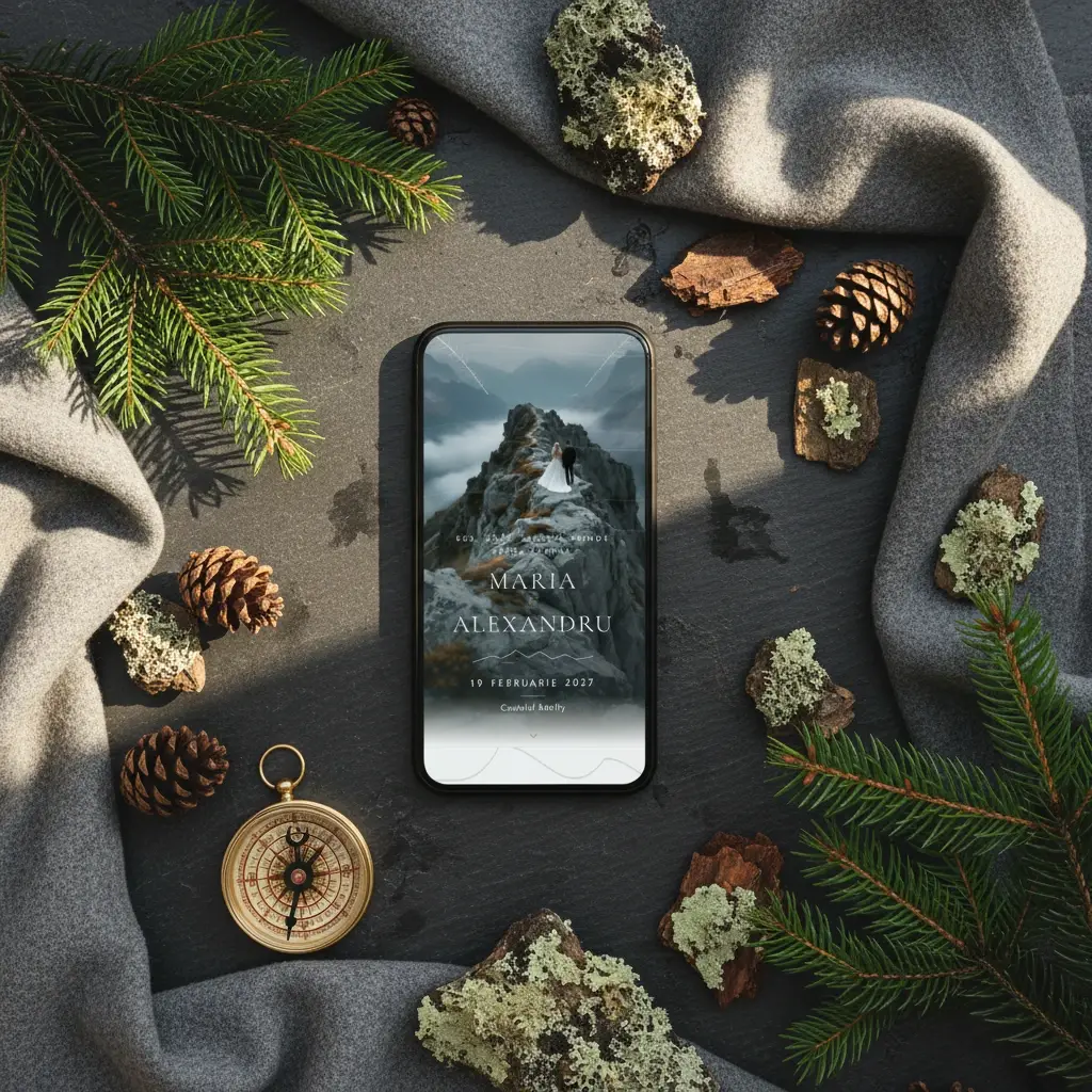 Invitație nuntă digitală model Munte cu RSVP