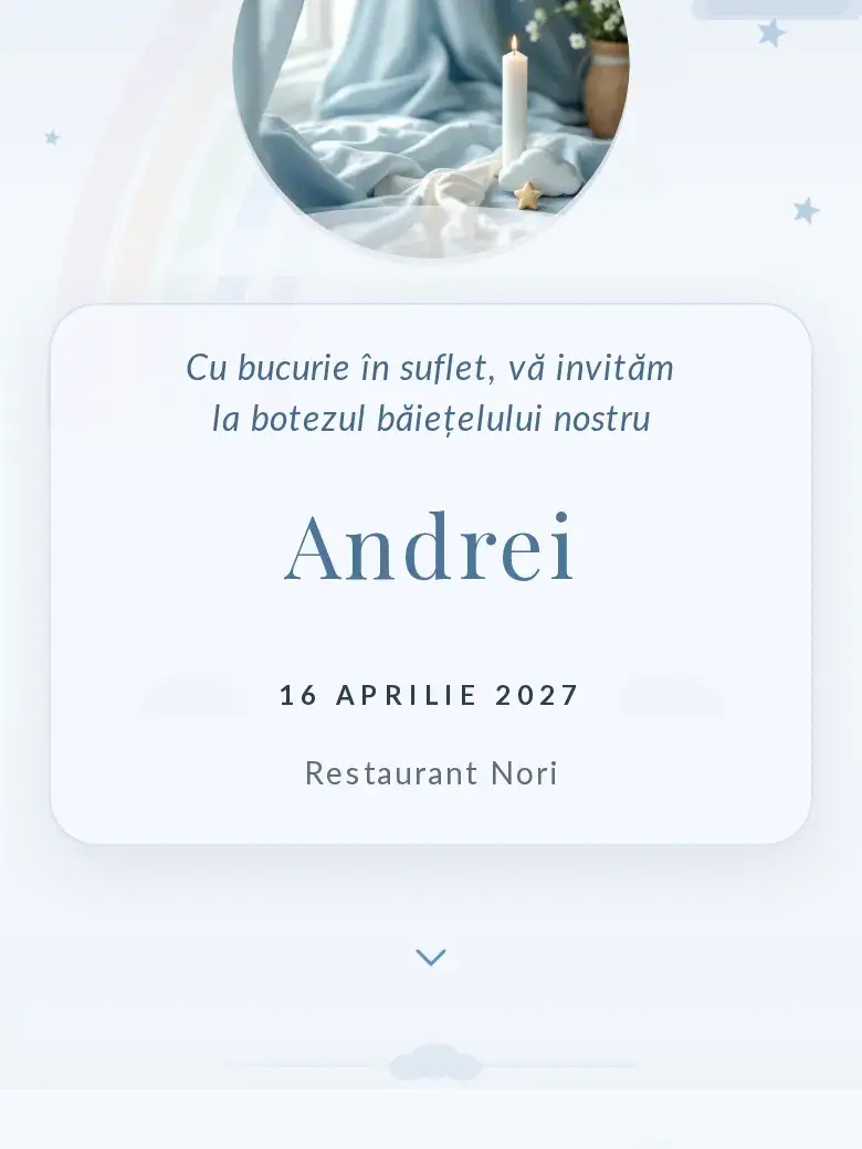 Invitație botez digitală model Nori cu RSVP