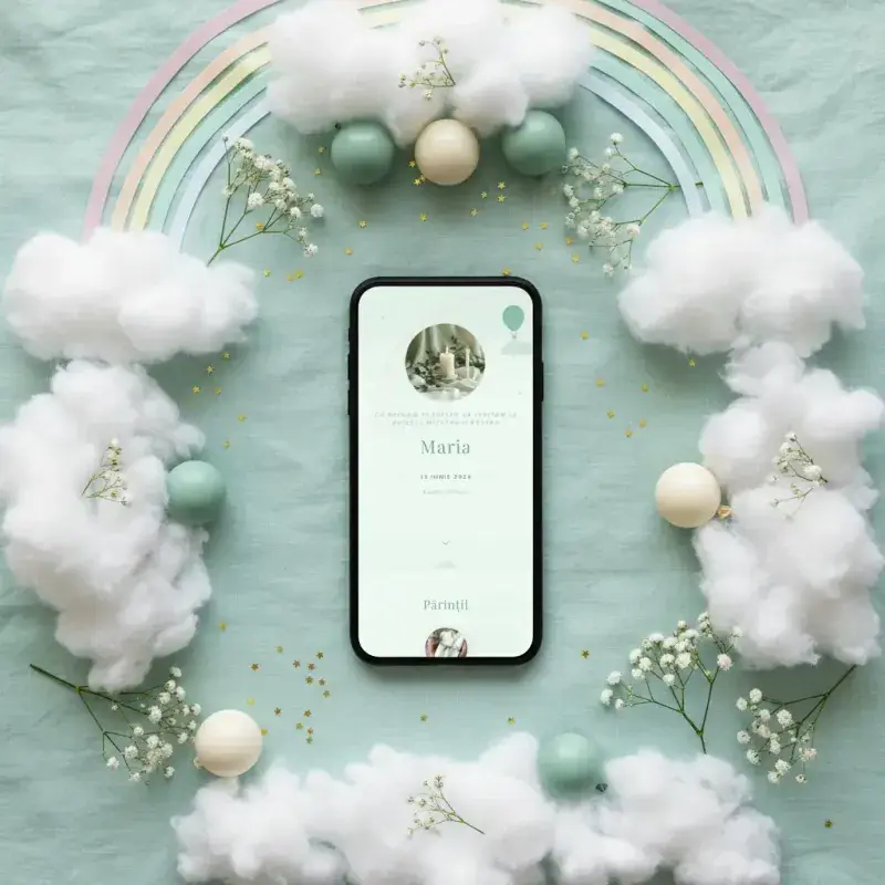 Invitație botez digitală model Nori cu RSVP