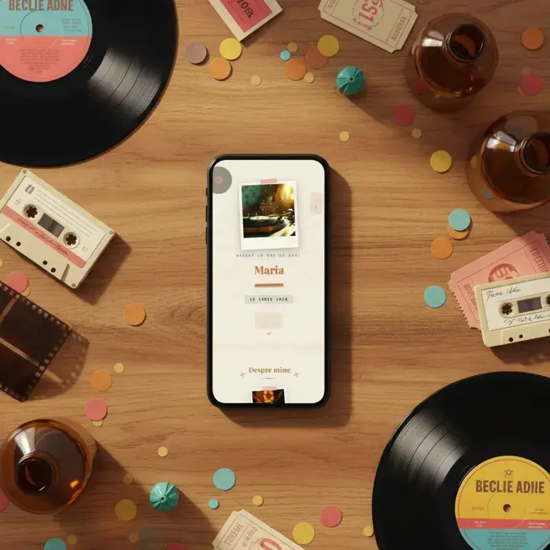 Invitație aniversare digitală model Nostalgia cu RSVP