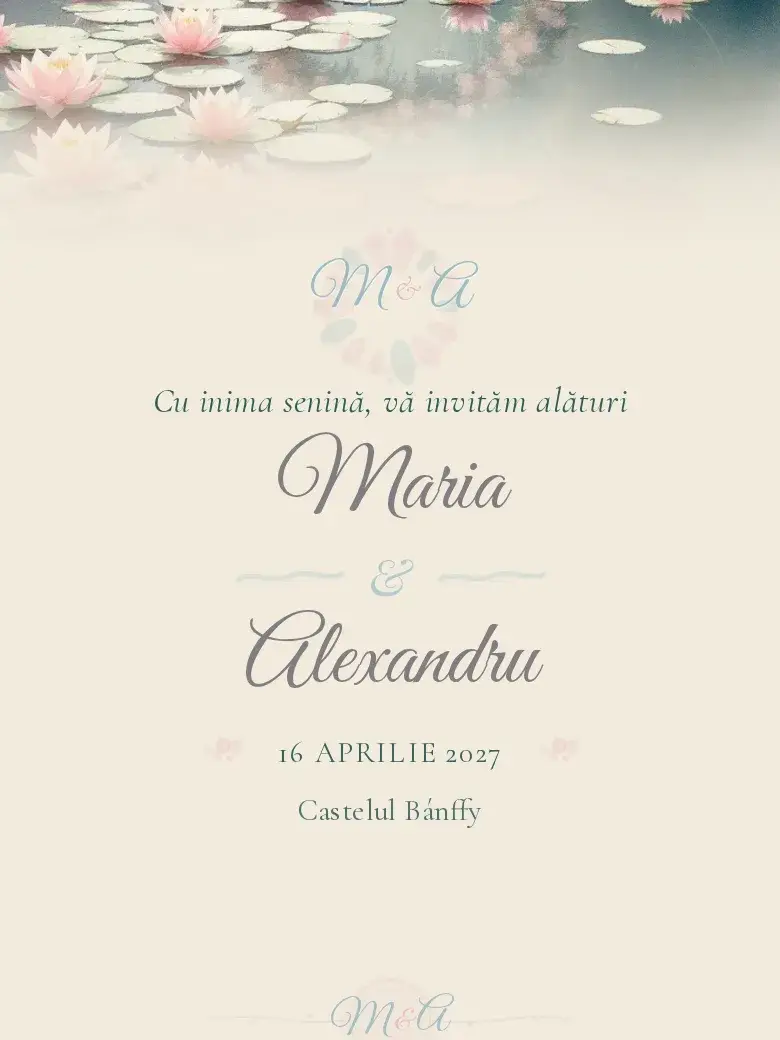 Invitație nuntă digitală model Nufăr cu RSVP