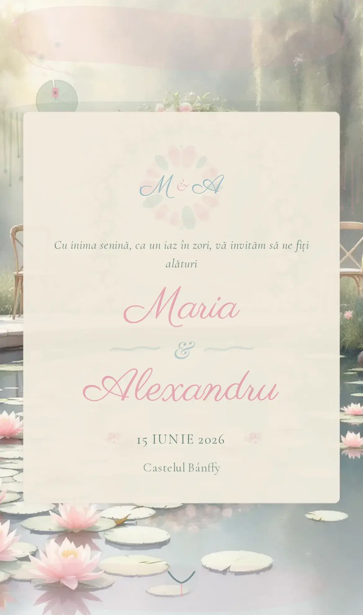 Invitație digitală de nuntă cu nuferi roz și pad-uri verzi pe un iaz pictat în stil impresionist Monet