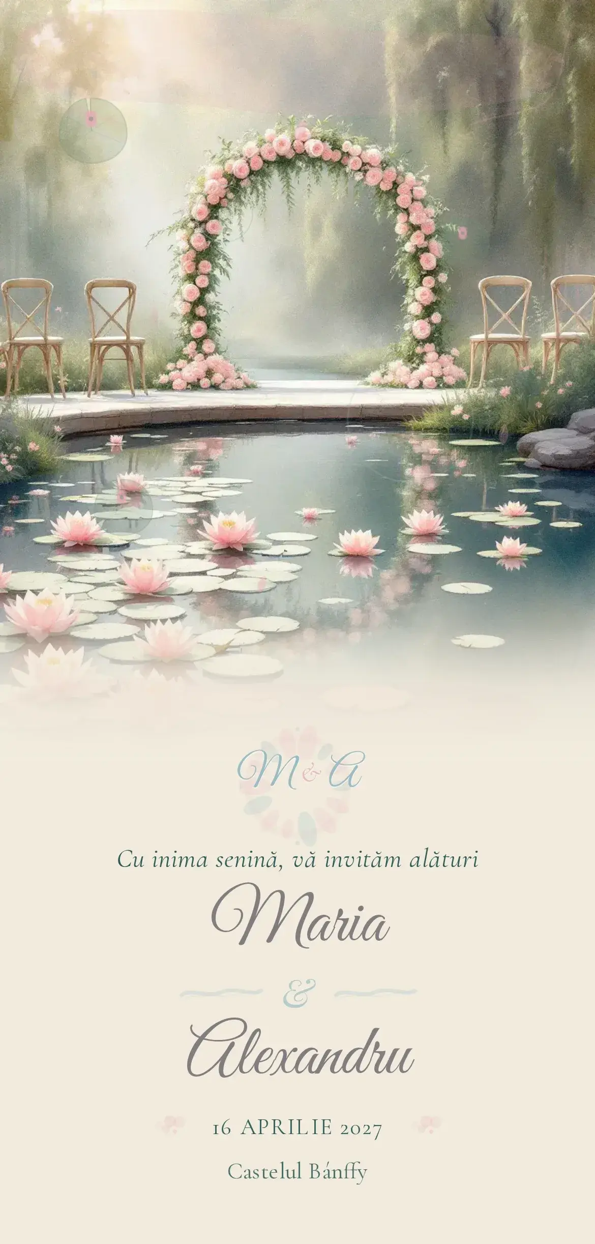 Invitație digitală de nuntă cu nuferi roz și pad-uri verzi pe un iaz pictat în stil impresionist Monet