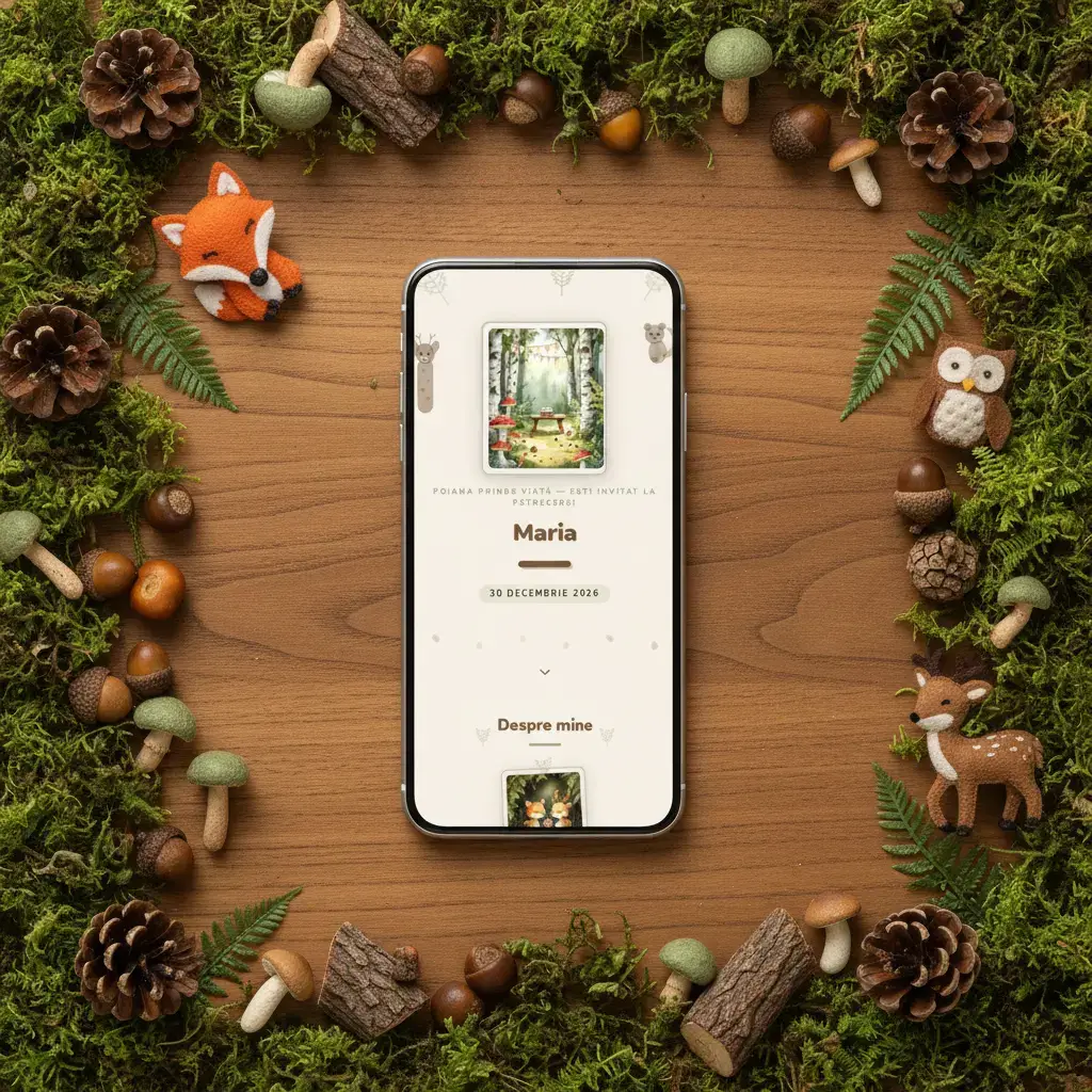 Invitație aniversare digitală model Pădure cu RSVP