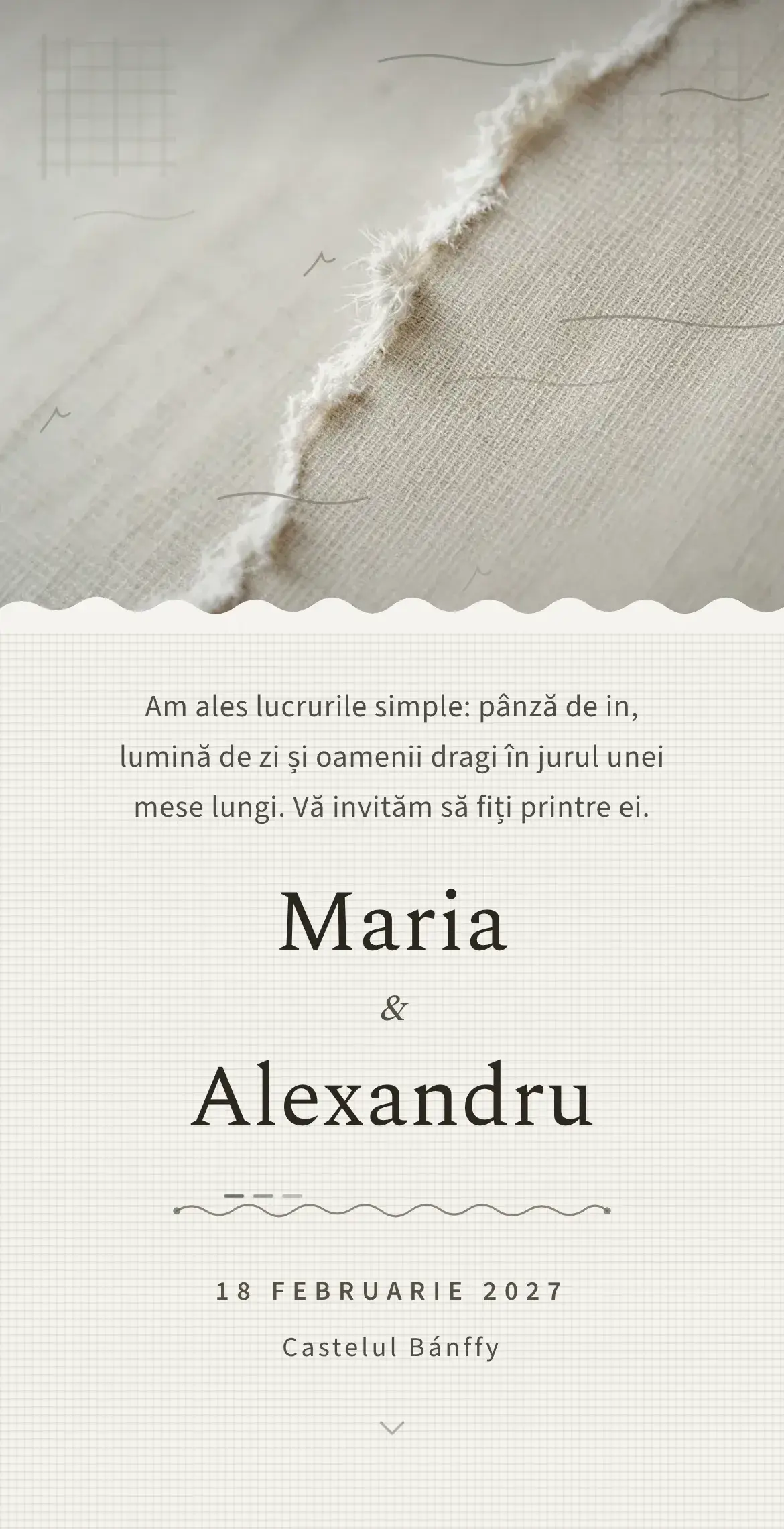 Invitație digitală de nuntă minimalistă cu textură macro de pânză de in crudă și margine destrămată, în tonuri naturale de greige