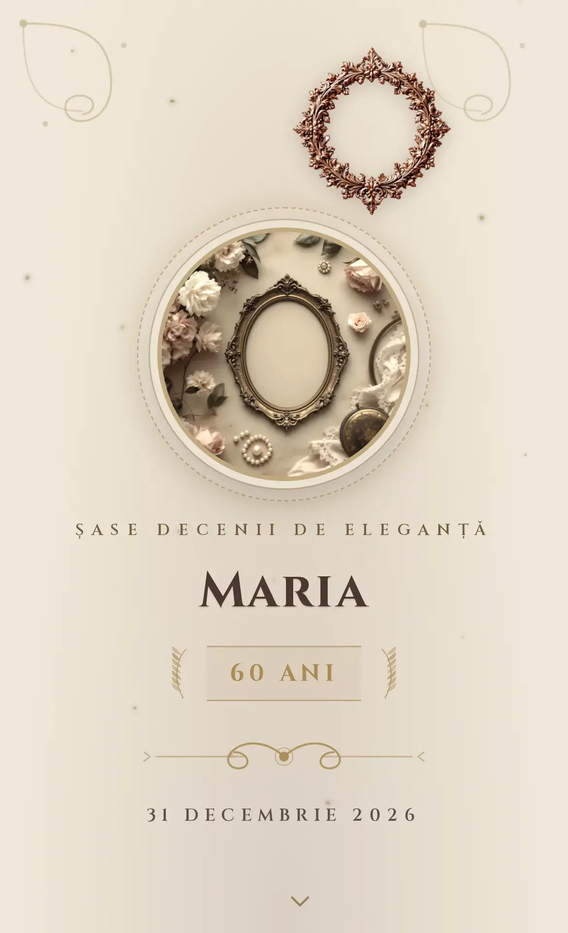 Invitație digitală de aniversare vintage cu ramă de bronz patinat și tonuri sepia