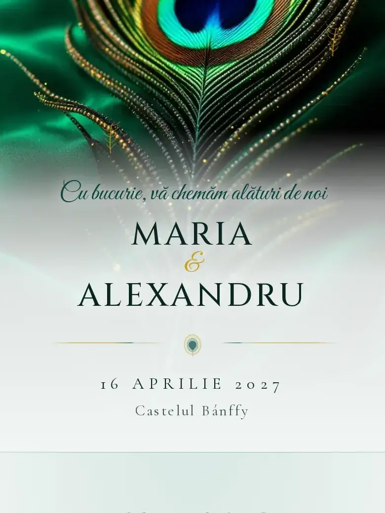 Invitație nuntă digitală model Păuni cu RSVP