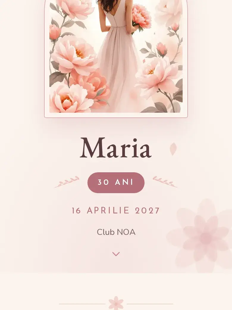 Invitație aniversare digitală model Petale cu RSVP