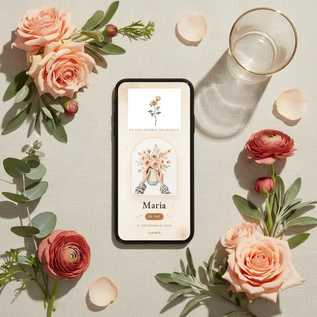 Invitație aniversare digitală model Petale cu RSVP
