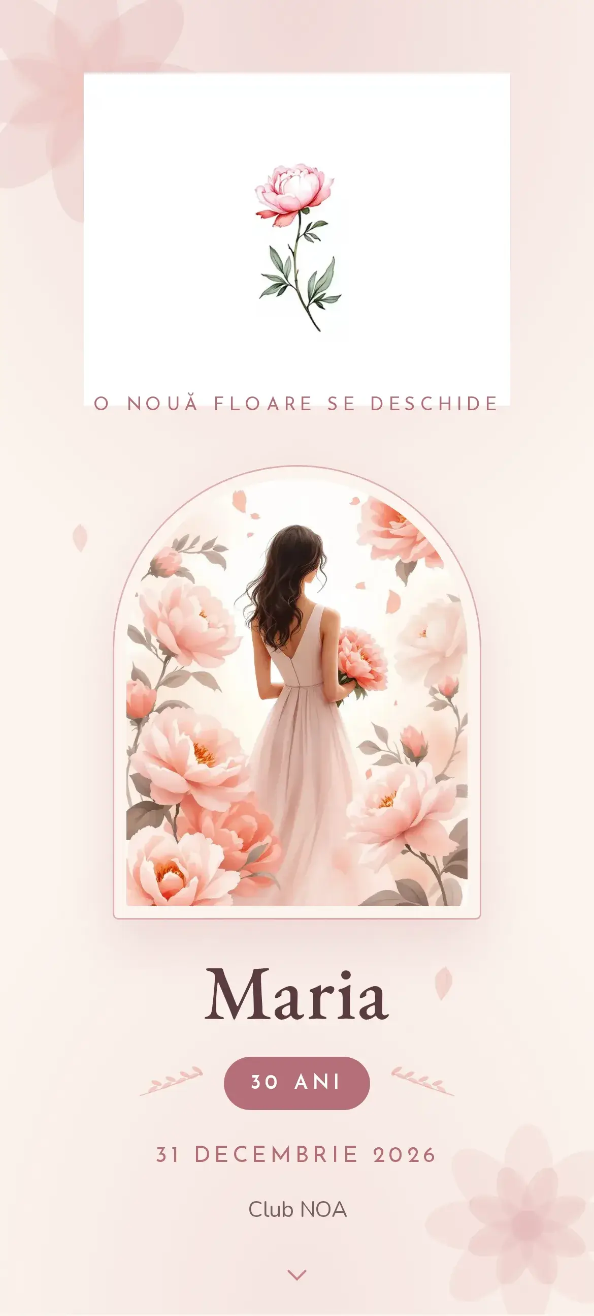 Invitație digitală de aniversare de 30 de ani cu flori în acuarelă și petale delicate