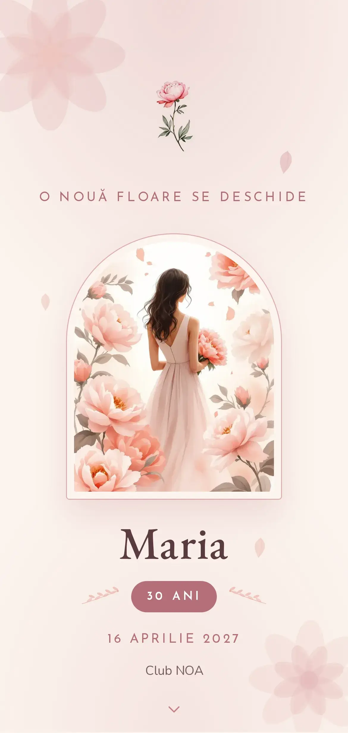 Invitație digitală de aniversare de 30 de ani cu flori în acuarelă și petale delicate