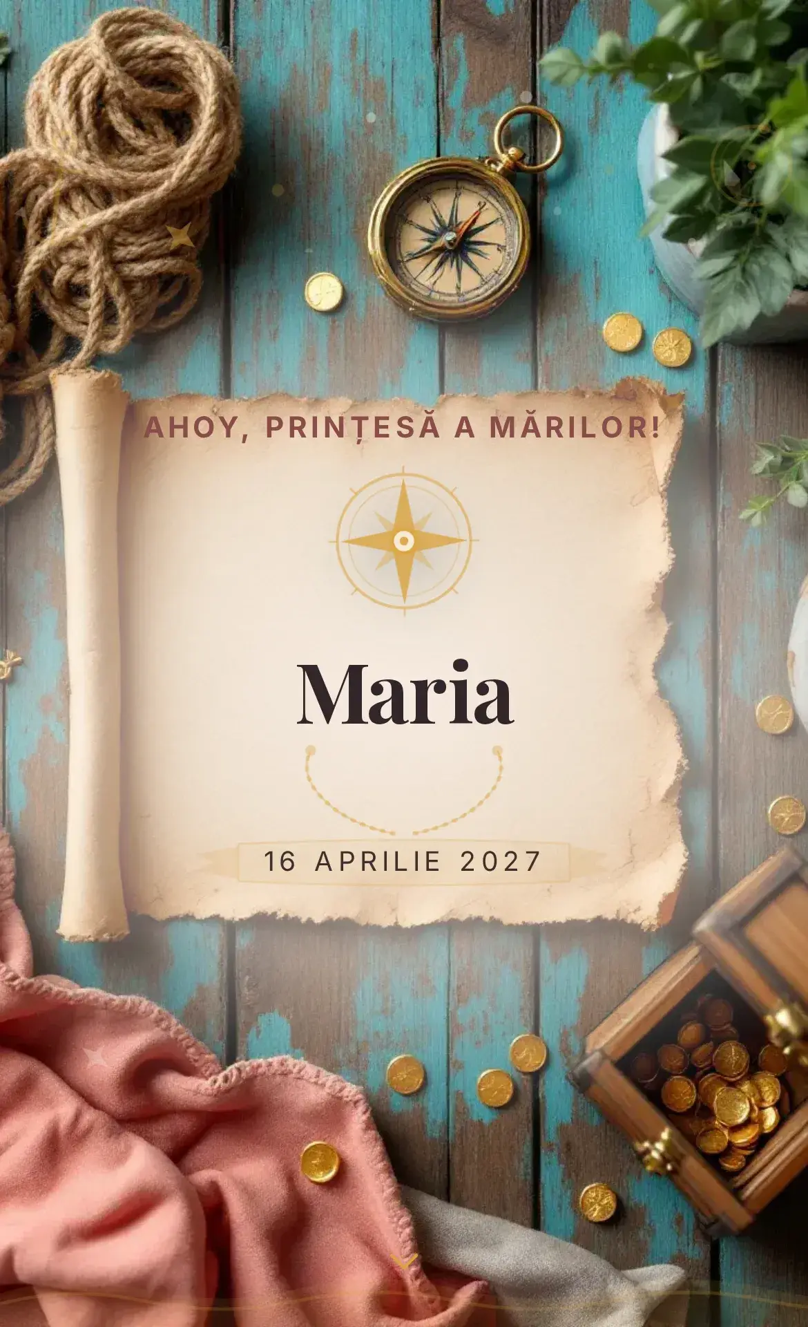 Invitație digitală de aniversare cu tematică de pirați, hartă a comorii și compas auriu