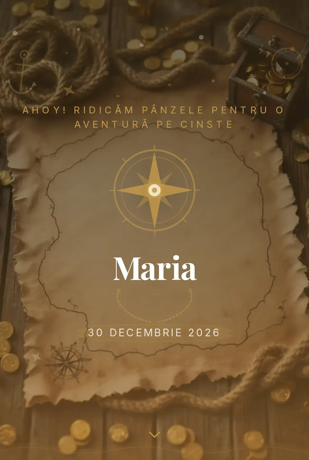 Invitație digitală de aniversare cu tematică de pirați, hartă a comorii și compas auriu