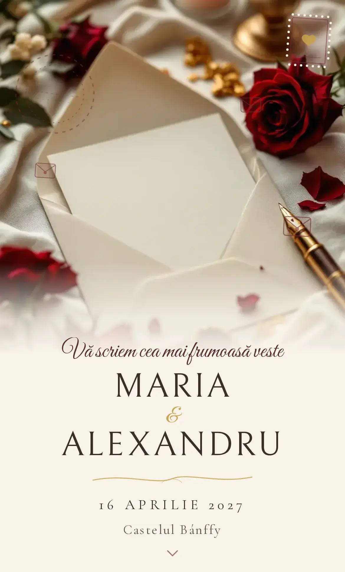 Invitație digitală de nuntă tip scrisoare cu plic ivoriu și sigiliu de ceară bordo