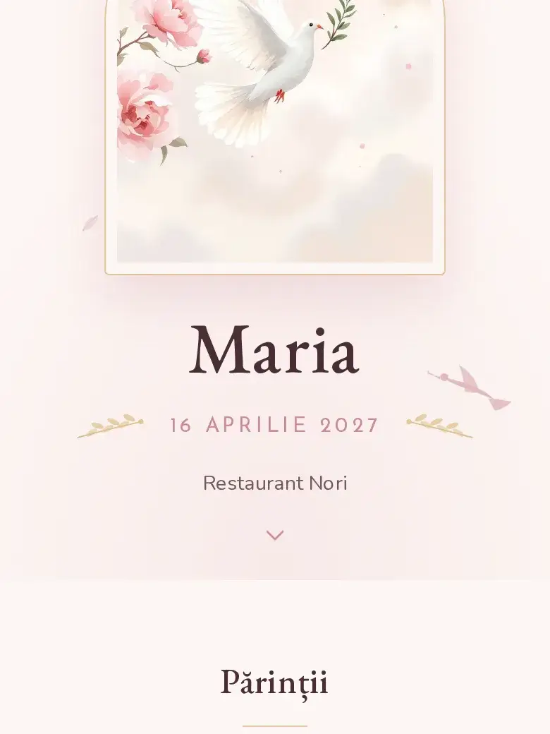 Invitație botez digitală model Porumbița cu RSVP