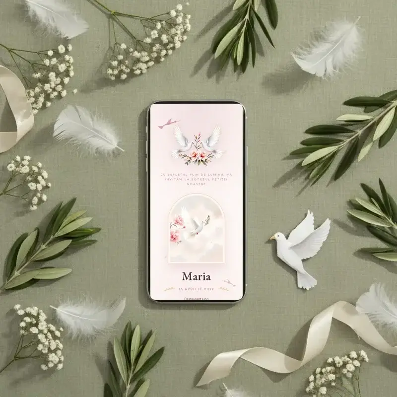 Digital christening invitation template Porumbița with RSVP