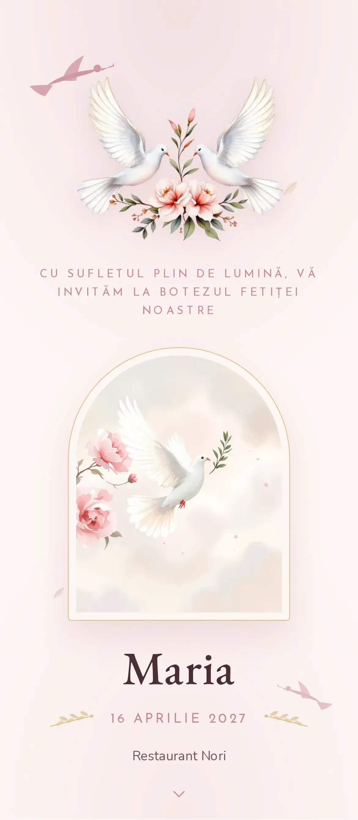 Invitație digitală de botez cu o porumbiță albă și petale delicate