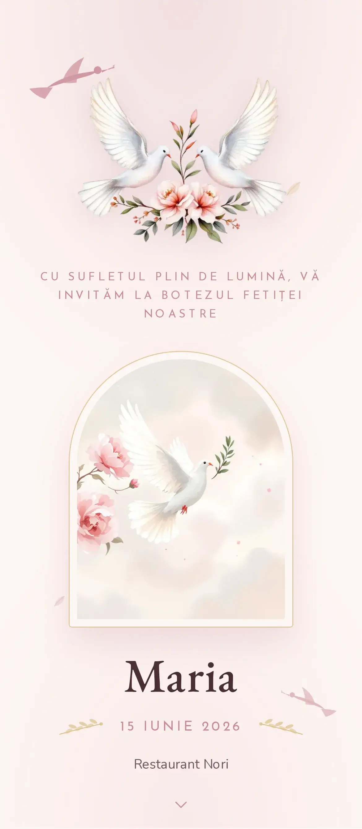 Invitație digitală de botez cu o porumbiță albă și petale delicate