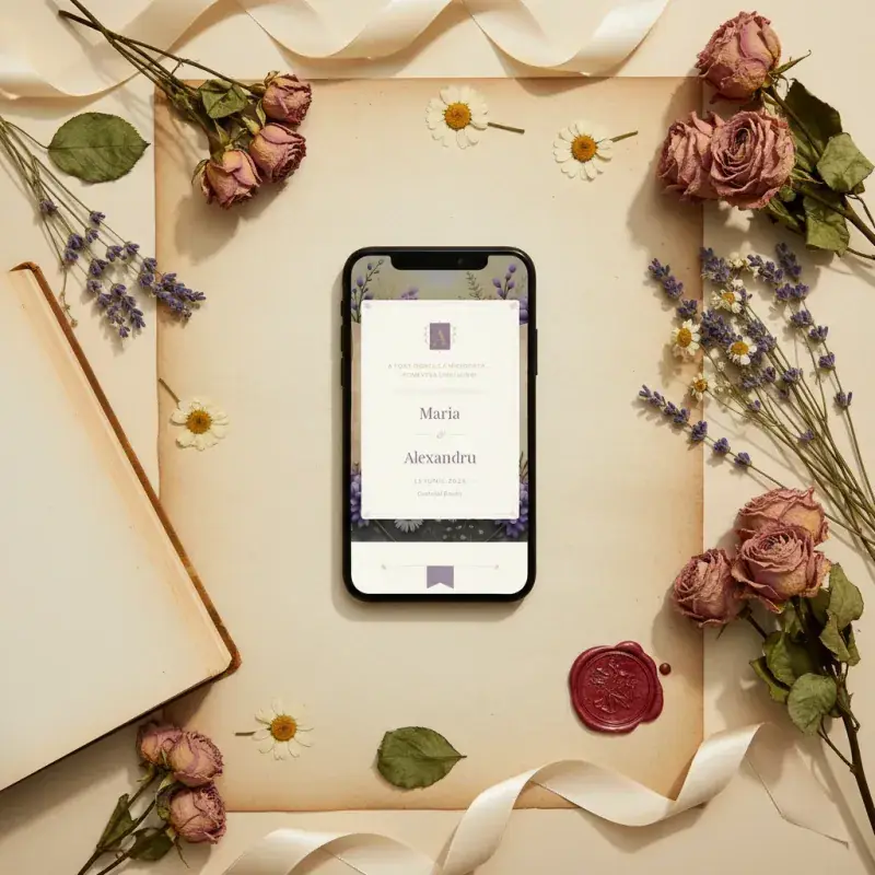 Invitație nuntă digitală model Poveste cu RSVP