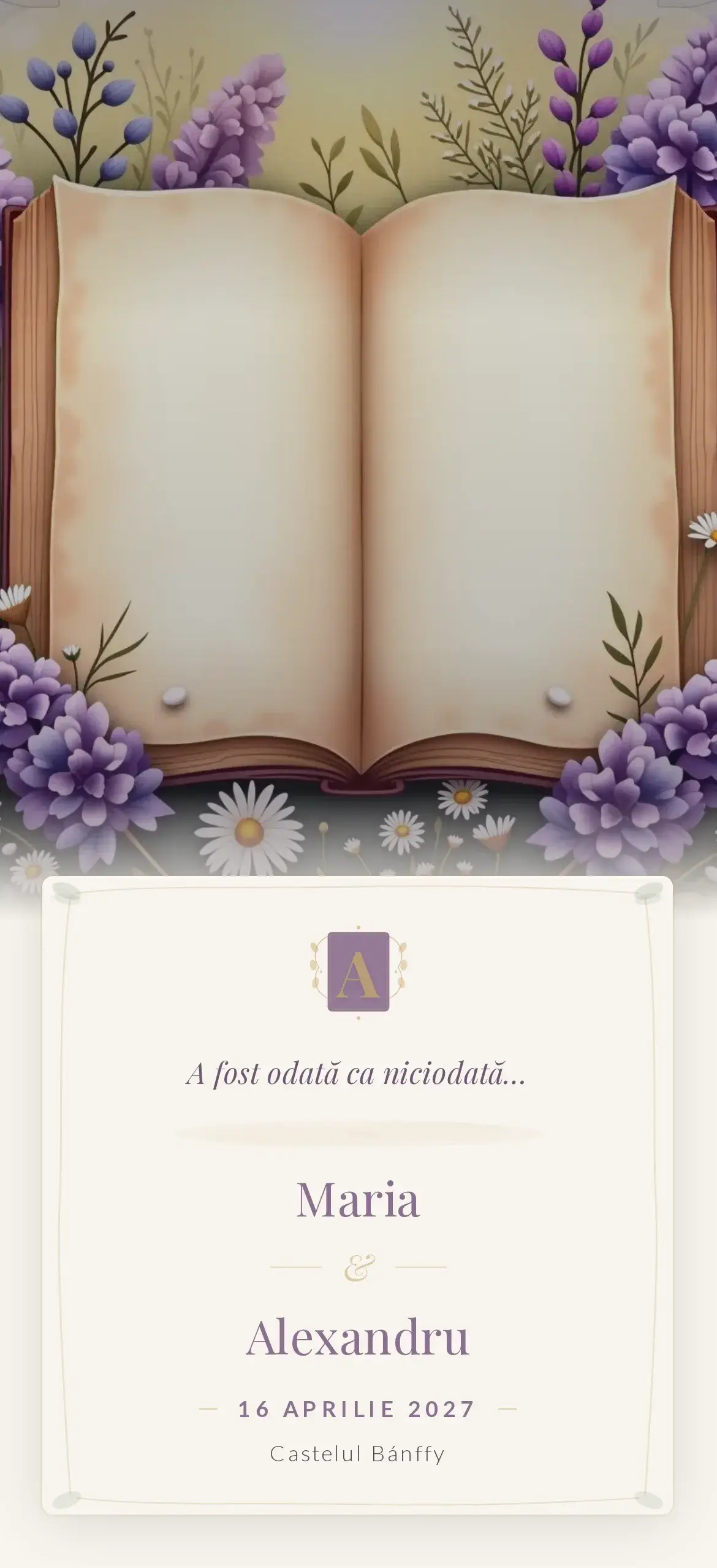 Invitație digitală de nuntă de basm cu ilustrații romantice de poveste