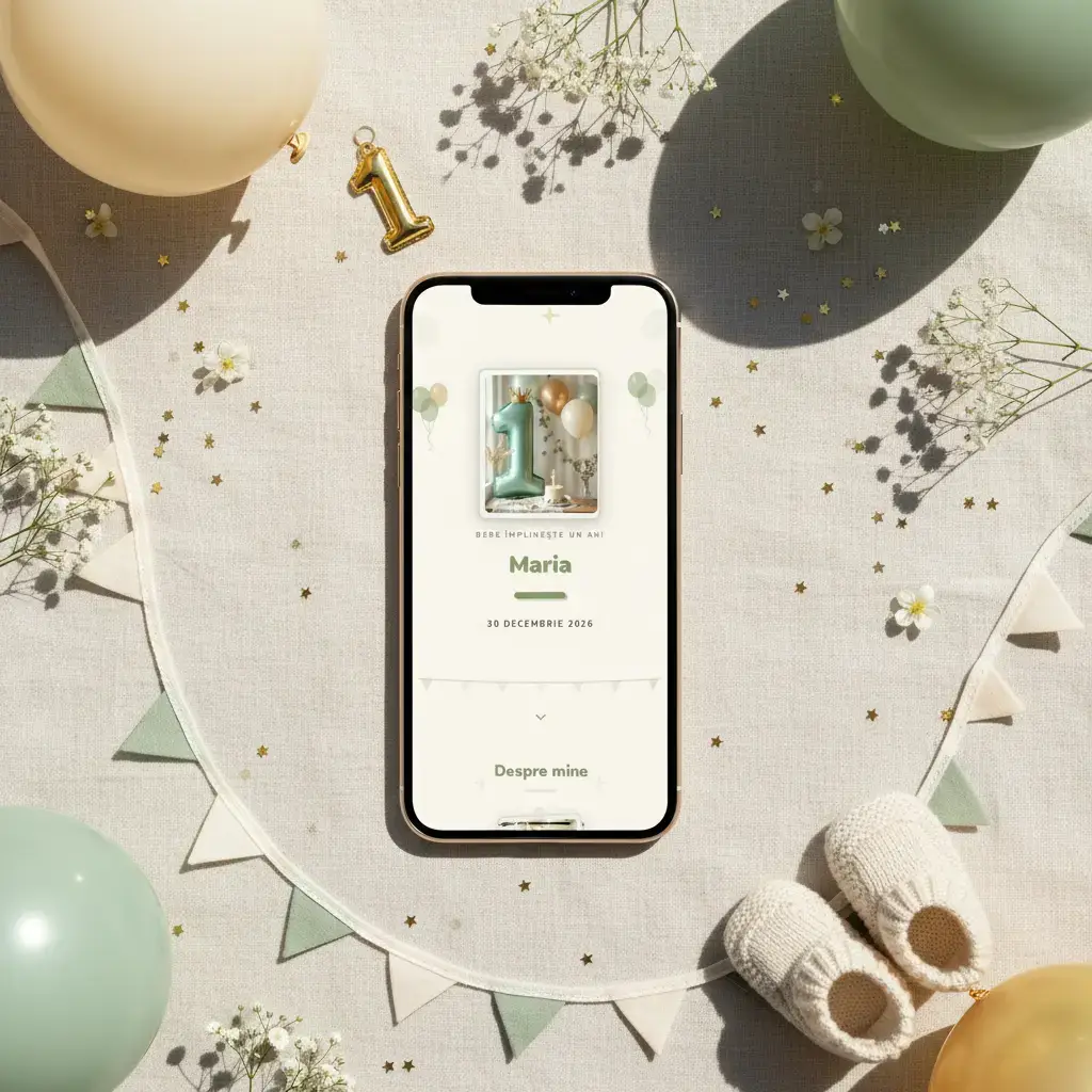 Invitație aniversare digitală model Prima cu RSVP