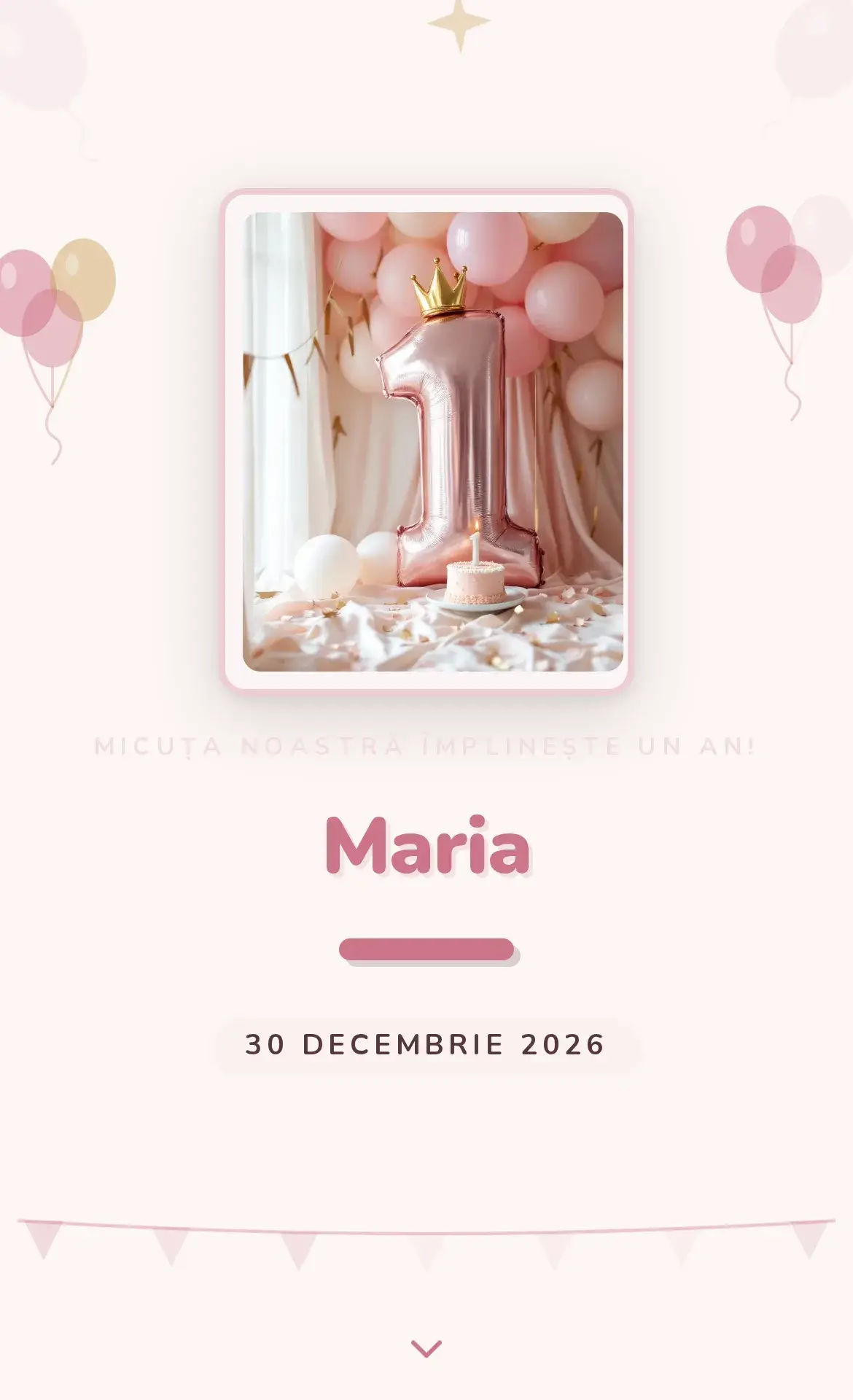 Invitație digitală pentru prima aniversare cu baloane pastelate și cifra unu aurie