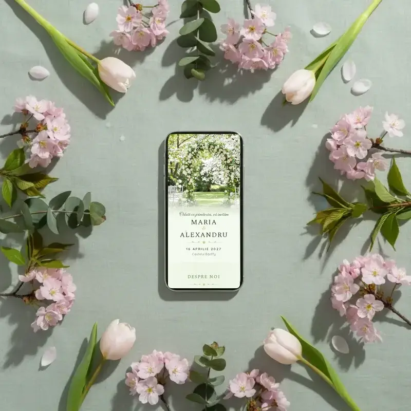 Digital wedding invitation template Primăvară with RSVP