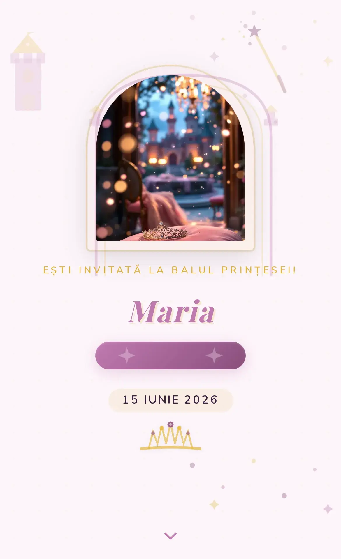 Invitație digitală de aniversare cu temă de prințesă în nuanțe de roz
