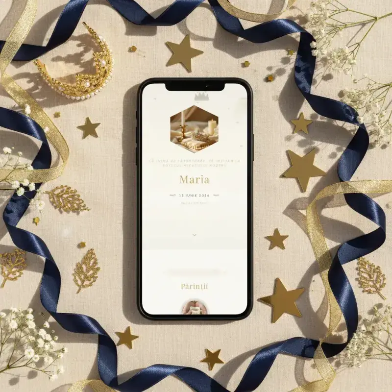 Invitație botez digitală model Prințișor cu RSVP