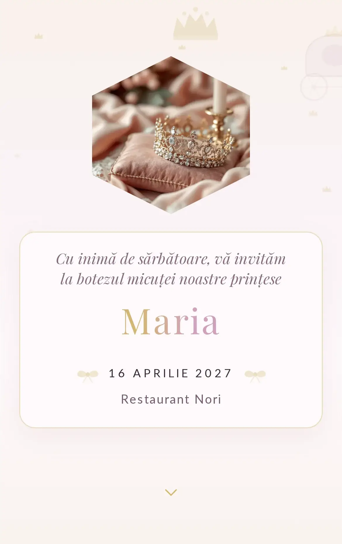 Invitație digitală de botez cu temă regală pentru micul prinț sau prințesă