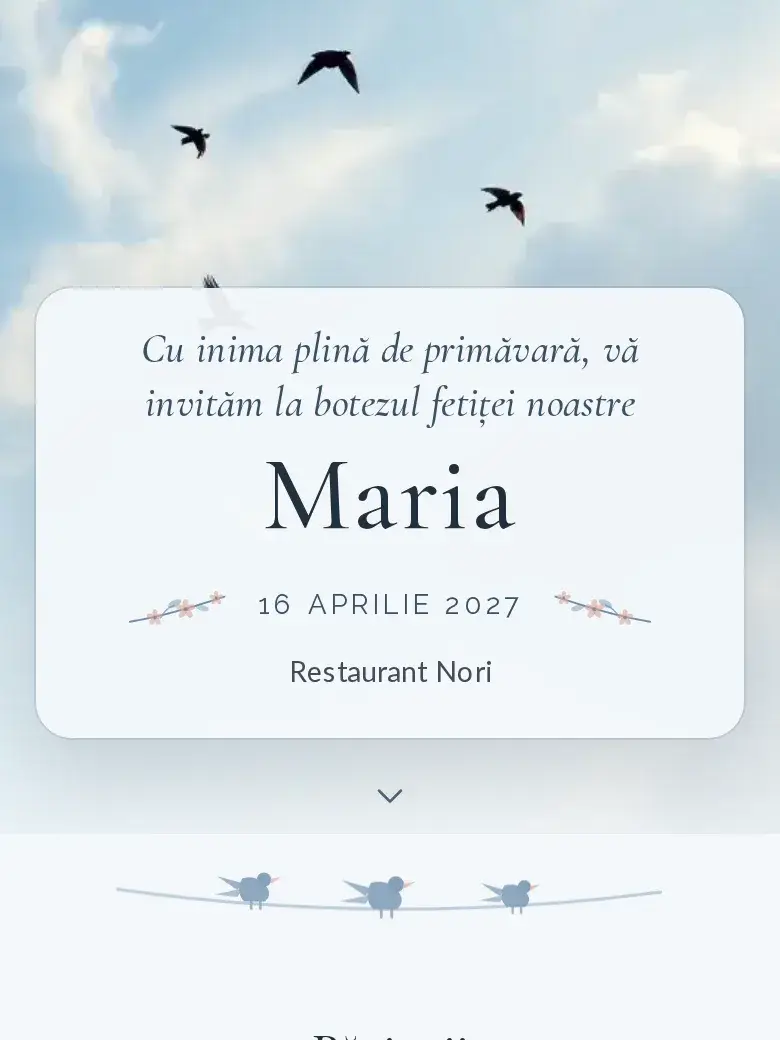 Invitație botez digitală model Rândunică cu RSVP